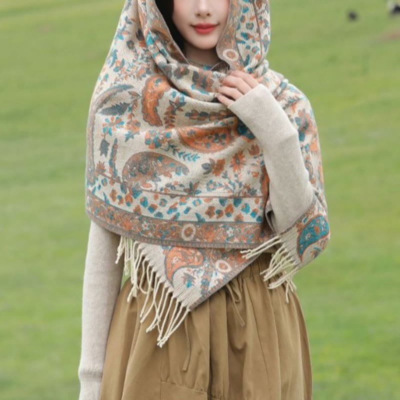 Nimara Ritual Ethnic Embroidered Paisley Flowers Pattern Tassel Soft Scarf Shawl