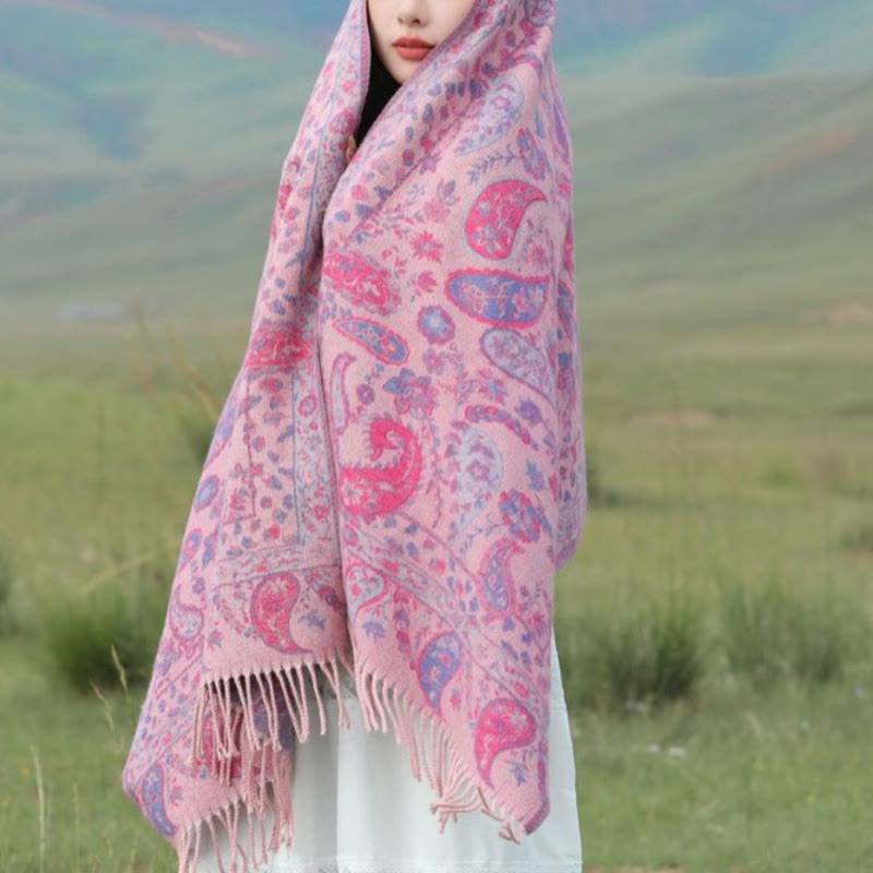 Nimara Ritual Ethnic Embroidered Paisley Flowers Pattern Tassel Soft Scarf Shawl