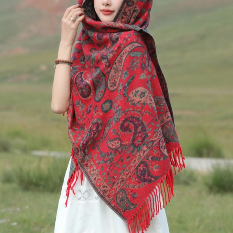 Nimara Ritual Ethnic Embroidered Paisley Flowers Pattern Tassel Soft Scarf Shawl