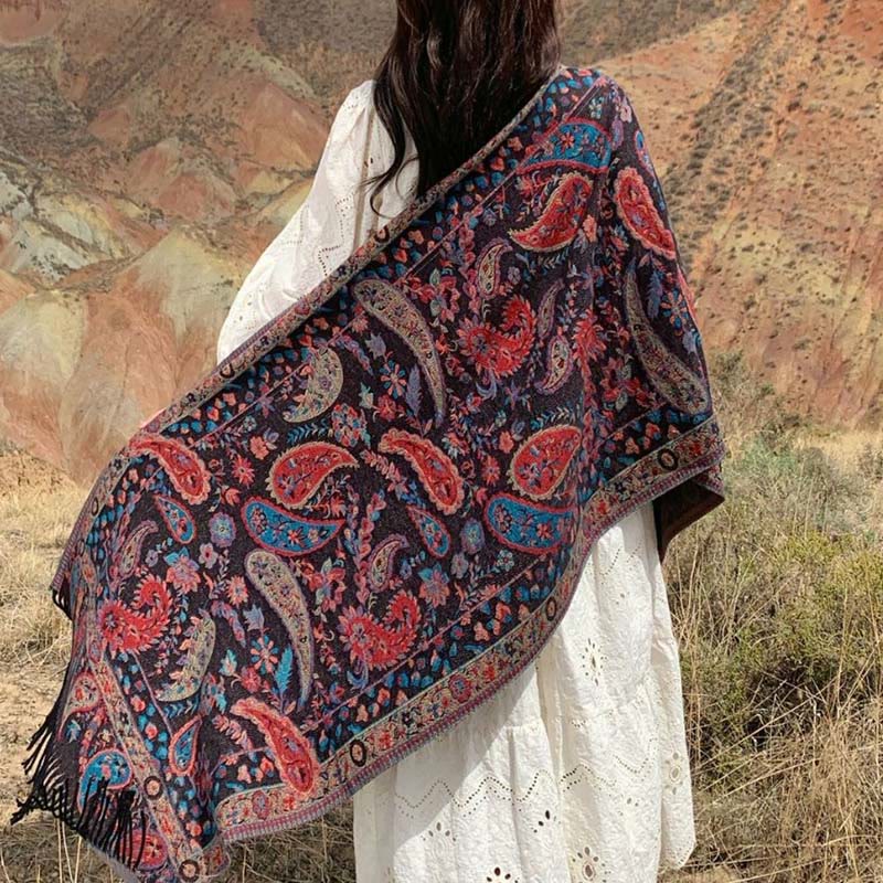 Nimara Ritual Ethnic Embroidered Paisley Flowers Pattern Tassel Soft Scarf Shawl