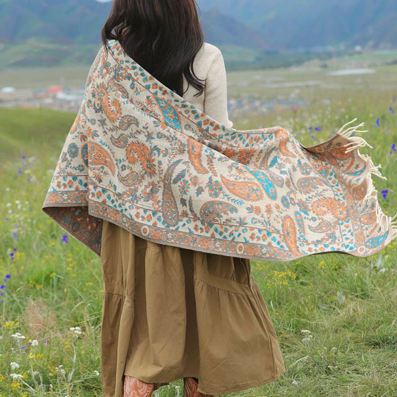 Nimara Ritual Ethnic Embroidered Paisley Flowers Pattern Tassel Soft Scarf Shawl