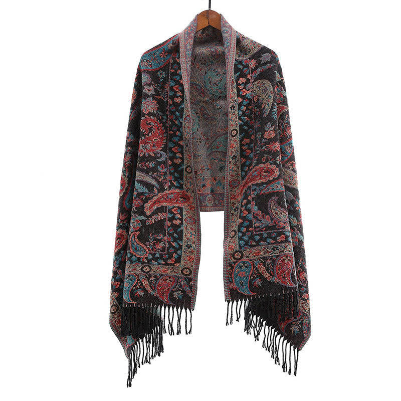 Nimara Ritual Ethnic Embroidered Paisley Flowers Pattern Tassel Soft Scarf Shawl