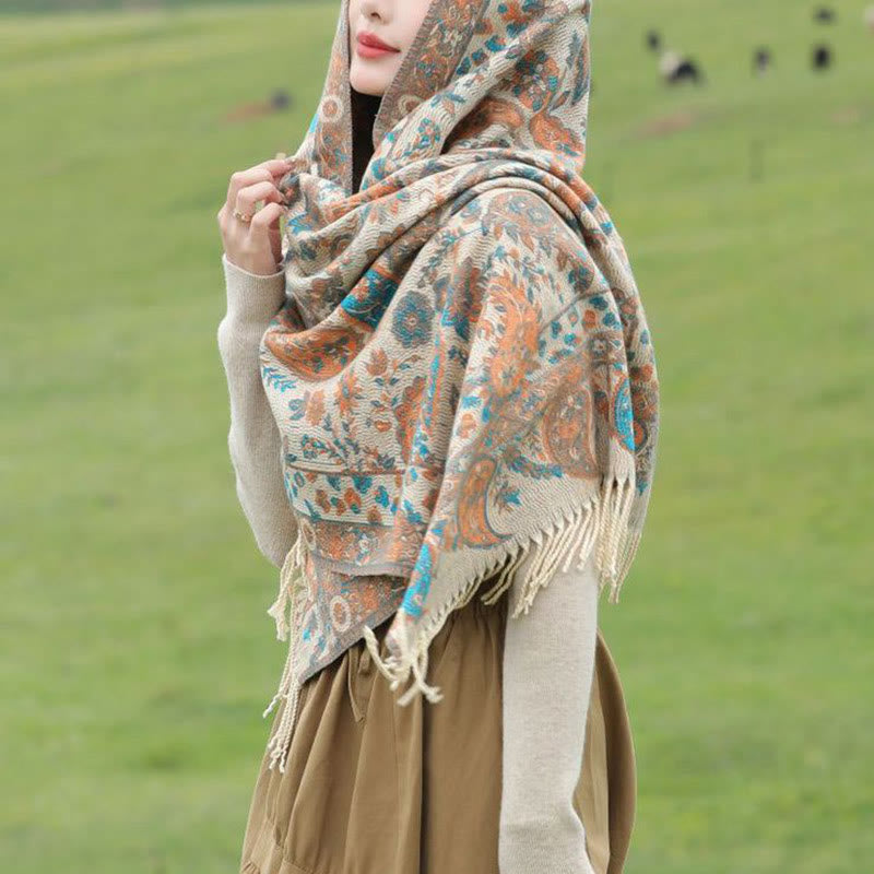 Nimara Ritual Ethnic Embroidered Paisley Flowers Pattern Tassel Soft Scarf Shawl