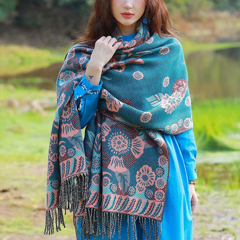 Nimara Ritual Jacquard Ethnic Paisley Plants Pattern Tassel Soft Thermal Scarf Shawl