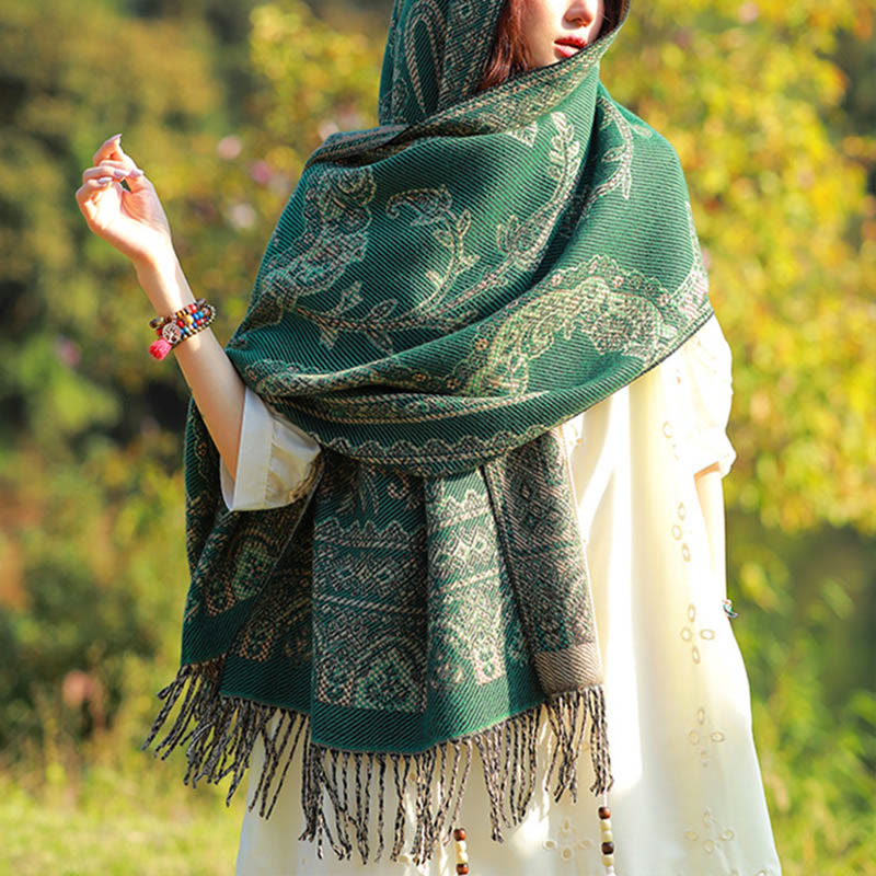 Nimara Ritual Jacquard Ethnic Paisley Plants Pattern Tassel Soft Thermal Scarf Shawl