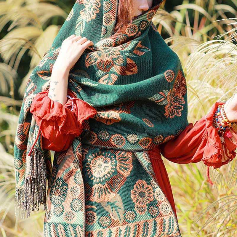 Nimara Ritual Jacquard Ethnic Paisley Plants Pattern Tassel Soft Thermal Scarf Shawl