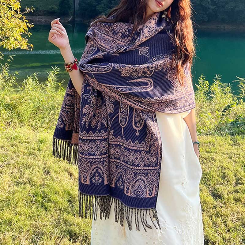 Nimara Ritual Jacquard Ethnic Paisley Plants Pattern Tassel Soft Thermal Scarf Shawl