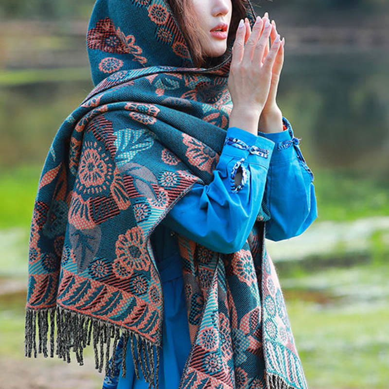 Nimara Ritual Jacquard Ethnic Paisley Plants Pattern Tassel Soft Thermal Scarf Shawl
