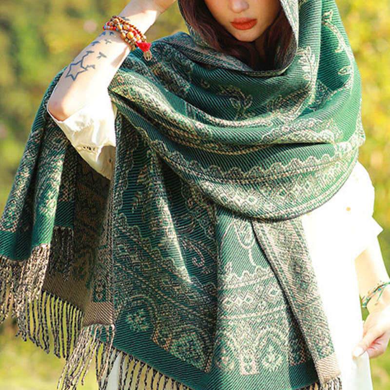 Nimara Ritual Jacquard Ethnic Paisley Plants Pattern Tassel Soft Thermal Scarf Shawl