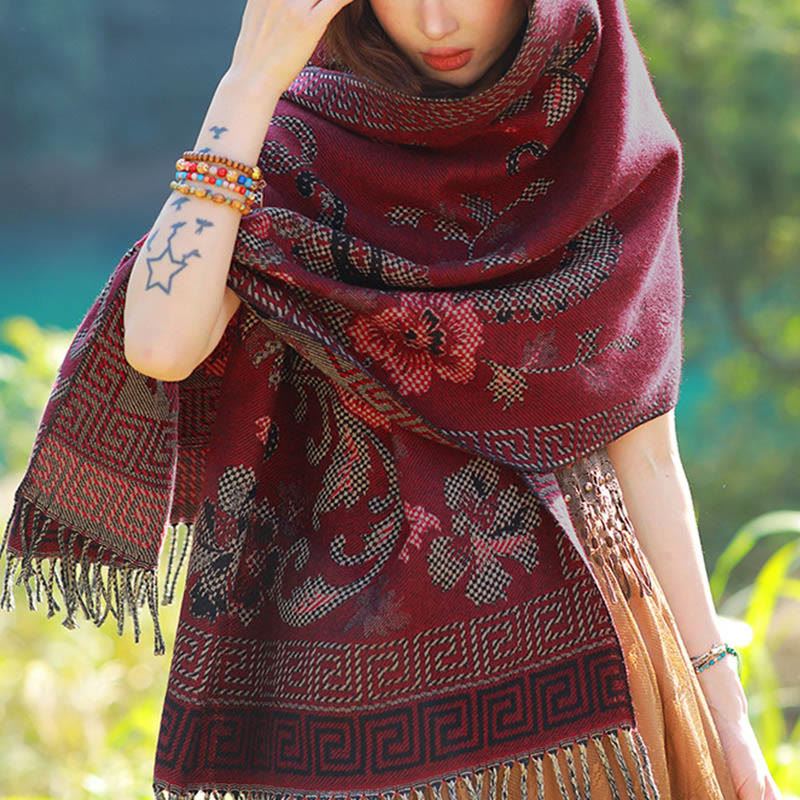 Nimara Ritual Jacquard Ethnic Paisley Plants Pattern Tassel Soft Thermal Scarf Shawl