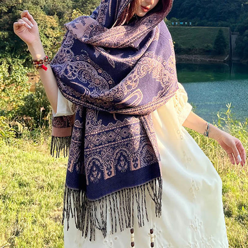 Nimara Ritual Jacquard Ethnic Paisley Plants Pattern Tassel Soft Thermal Scarf Shawl