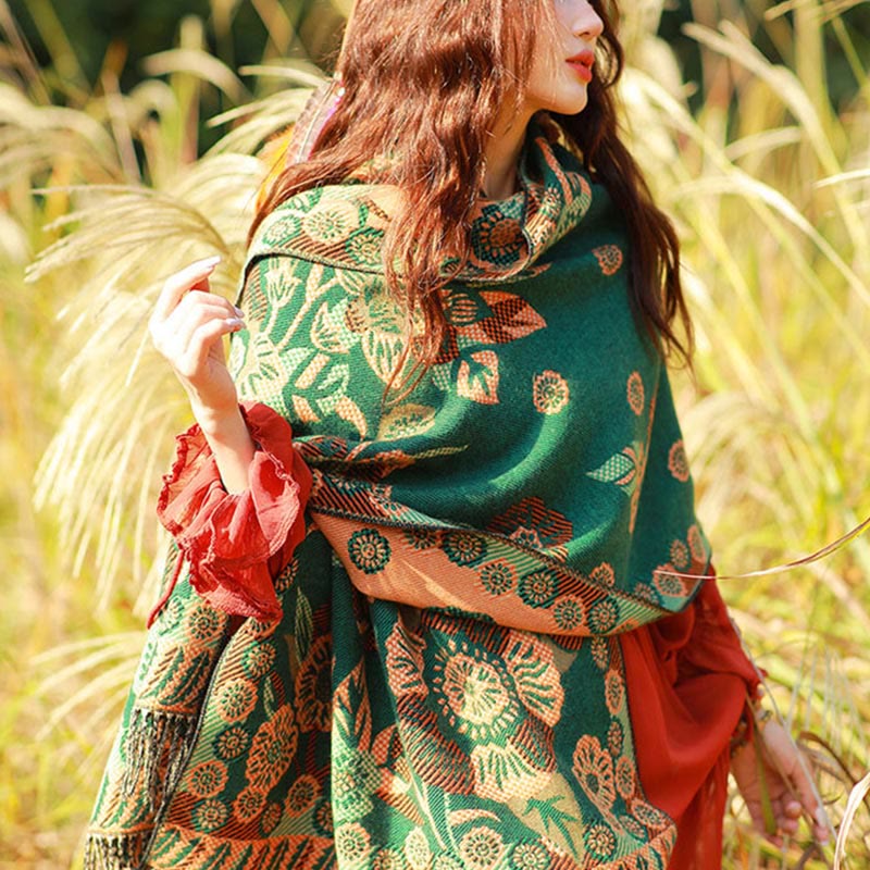 Nimara Ritual Jacquard Ethnic Paisley Plants Pattern Tassel Soft Thermal Scarf Shawl