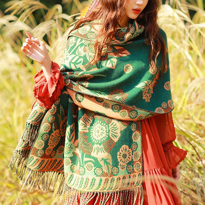 Nimara Ritual Jacquard Ethnic Paisley Plants Pattern Tassel Soft Thermal Scarf Shawl