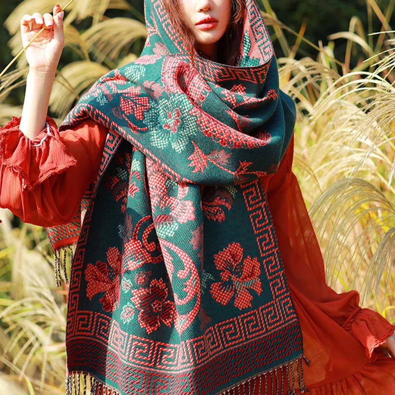 Nimara Ritual Jacquard Ethnic Paisley Plants Pattern Tassel Soft Thermal Scarf Shawl
