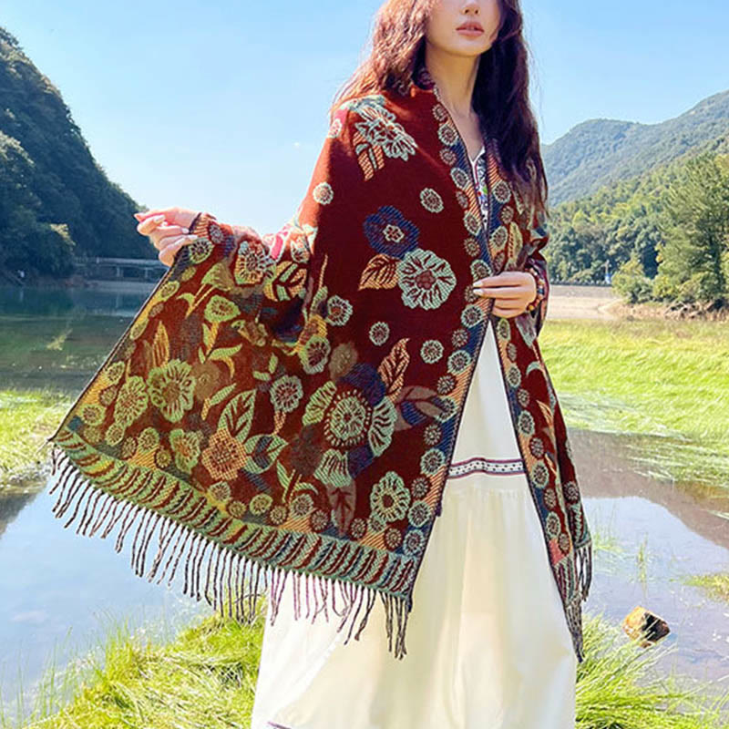 Nimara Ritual Jacquard Ethnic Paisley Plants Pattern Tassel Soft Thermal Scarf Shawl