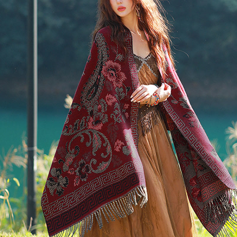 Nimara Ritual Jacquard Ethnic Paisley Plants Pattern Tassel Soft Thermal Scarf Shawl