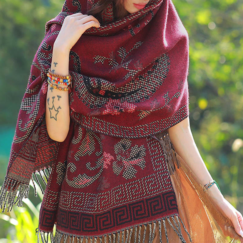 Nimara Ritual Jacquard Ethnic Paisley Plants Pattern Tassel Soft Thermal Scarf Shawl
