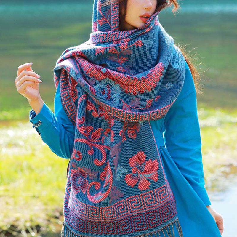 Nimara Ritual Jacquard Ethnic Paisley Plants Pattern Tassel Soft Thermal Scarf Shawl