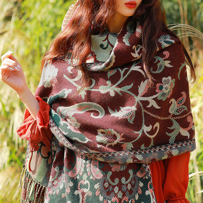 Nimara Ritual Jacquard Ethnic Paisley Plants Pattern Tassel Soft Thermal Scarf Shawl