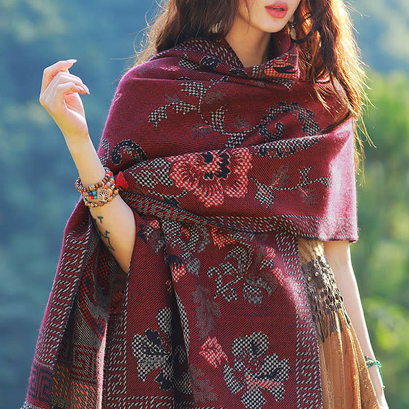 Nimara Ritual Jacquard Ethnic Paisley Plants Pattern Tassel Soft Thermal Scarf Shawl