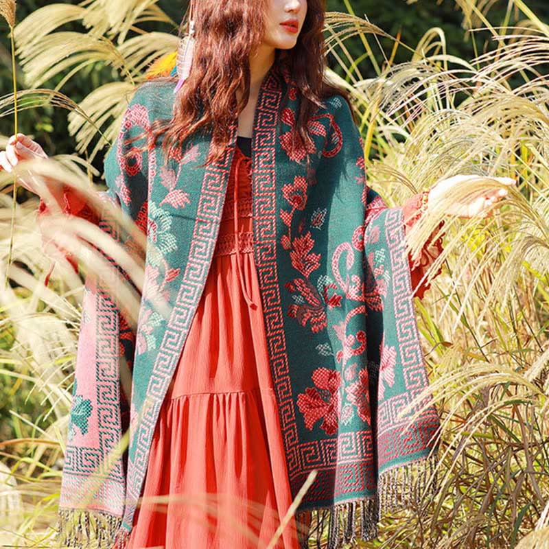Nimara Ritual Jacquard Ethnic Paisley Plants Pattern Tassel Soft Thermal Scarf Shawl
