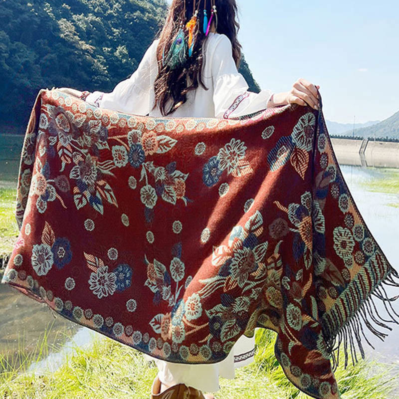 Nimara Ritual Jacquard Ethnic Paisley Plants Pattern Tassel Soft Thermal Scarf Shawl