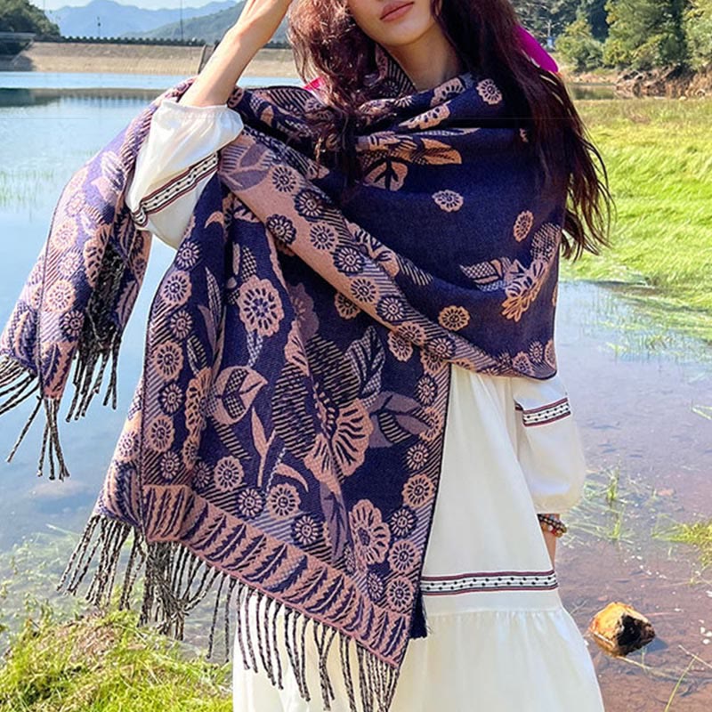 Nimara Ritual Jacquard Ethnic Paisley Plants Pattern Tassel Soft Thermal Scarf Shawl