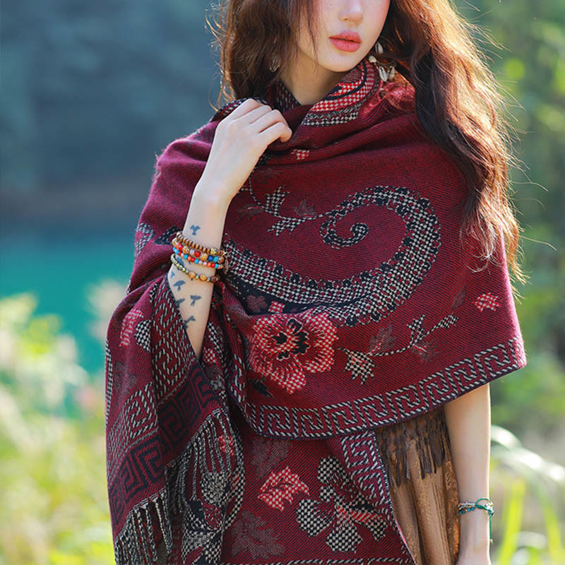 Nimara Ritual Jacquard Ethnic Paisley Plants Pattern Tassel Soft Thermal Scarf Shawl