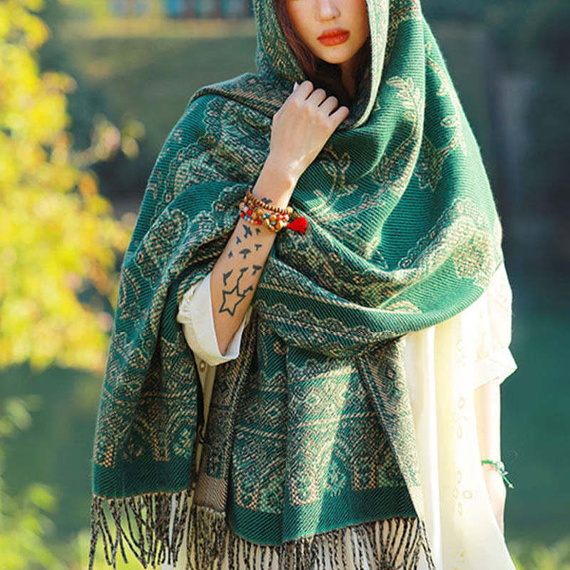 Nimara Ritual Jacquard Ethnic Paisley Plants Pattern Tassel Soft Thermal Scarf Shawl