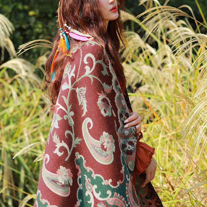 Nimara Ritual Jacquard Ethnic Paisley Plants Pattern Tassel Soft Thermal Scarf Shawl