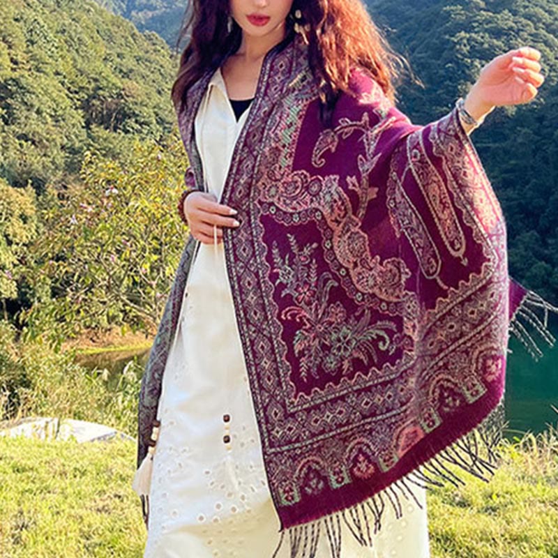 Nimara Ritual Jacquard Ethnic Paisley Plants Pattern Tassel Soft Thermal Scarf Shawl