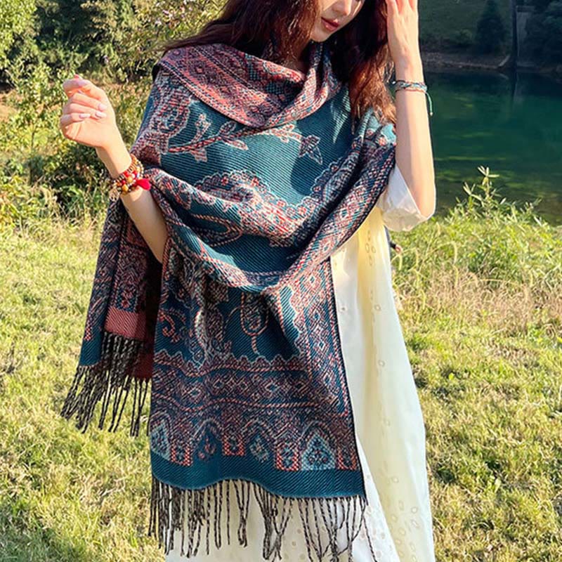 Nimara Ritual Jacquard Ethnic Paisley Plants Pattern Tassel Soft Thermal Scarf Shawl