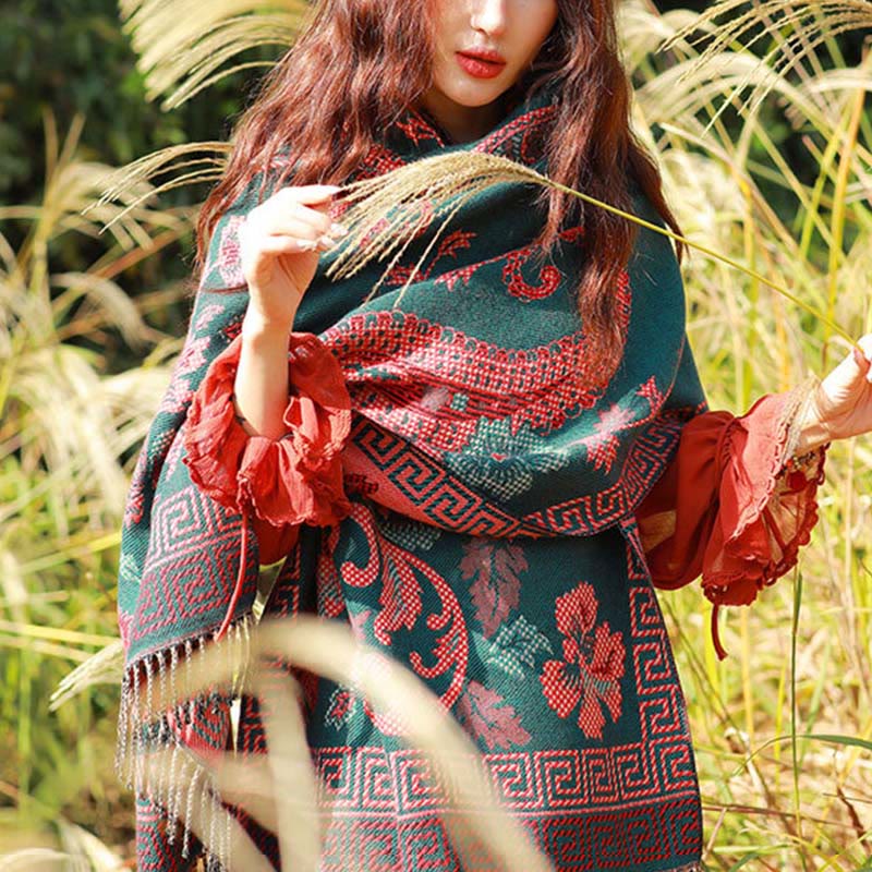 Nimara Ritual Jacquard Ethnic Paisley Plants Pattern Tassel Soft Thermal Scarf Shawl