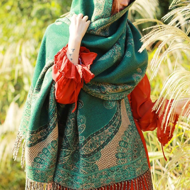 Nimara Ritual Jacquard Ethnic Paisley Plants Pattern Tassel Soft Thermal Scarf Shawl