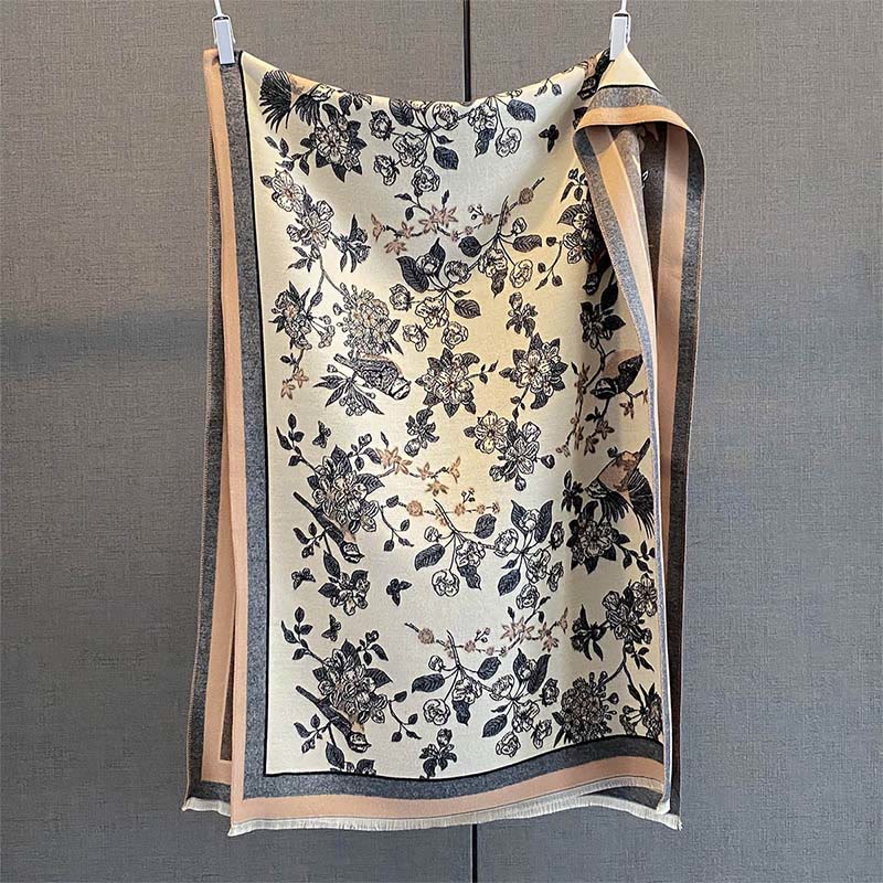 Nimara Ritual Commute Flowers Bird Pattern Color Contrast Design Tassels Cozy Soft Scarf Shawl
