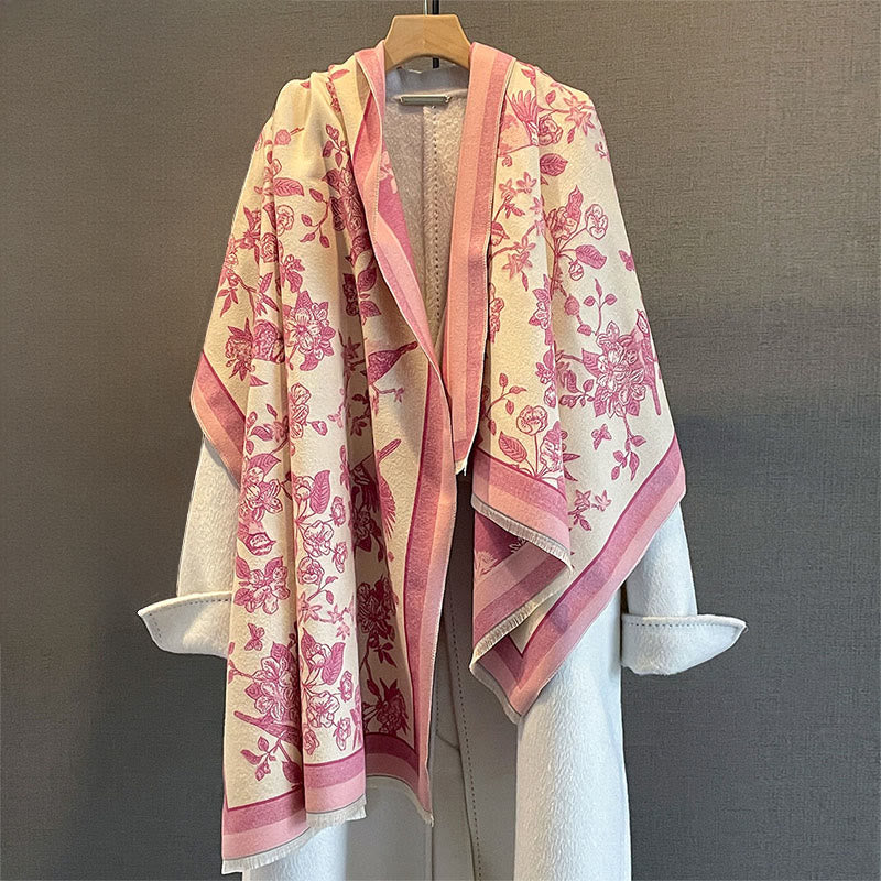 Nimara Ritual Commute Flowers Bird Pattern Color Contrast Design Tassels Cozy Soft Scarf Shawl