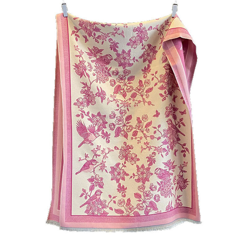Nimara Ritual Commute Flowers Bird Pattern Color Contrast Design Tassels Cozy Soft Scarf Shawl