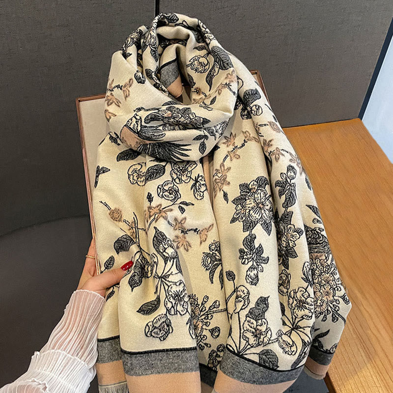 Nimara Ritual Commute Flowers Bird Pattern Color Contrast Design Tassels Cozy Soft Scarf Shawl