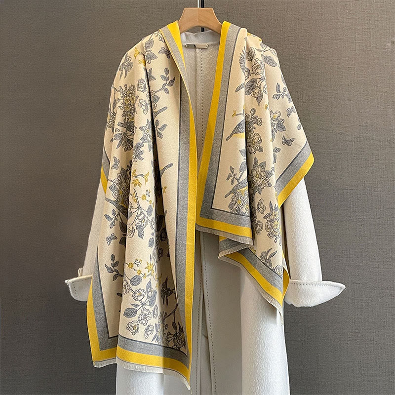 Nimara Ritual Commute Flowers Bird Pattern Color Contrast Design Tassels Cozy Soft Scarf Shawl
