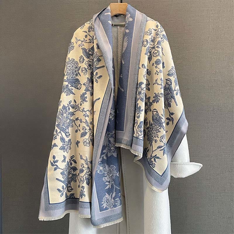 Nimara Ritual Commute Flowers Bird Pattern Color Contrast Design Tassels Cozy Soft Scarf Shawl