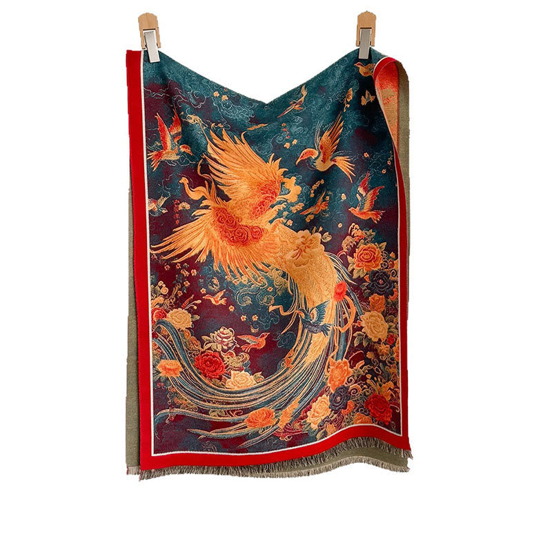 Nimara Ritual Winter Phoenix Flowers Birds Pattern Tassels Thermal Soft Scarf Shawl