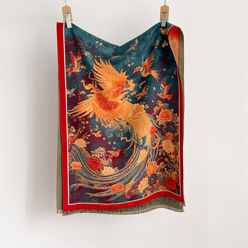 Nimara Ritual Winter Phoenix Flowers Birds Pattern Tassels Thermal Soft Scarf Shawl