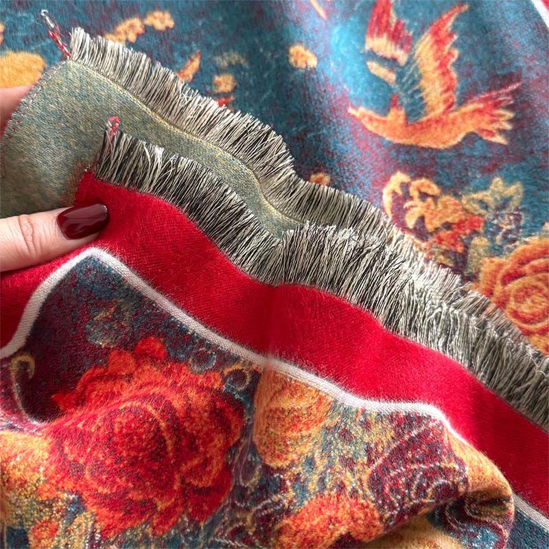 Nimara Ritual Winter Phoenix Flowers Birds Pattern Tassels Thermal Soft Scarf Shawl