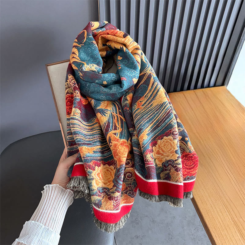 Nimara Ritual Winter Phoenix Flowers Birds Pattern Tassels Thermal Soft Scarf Shawl