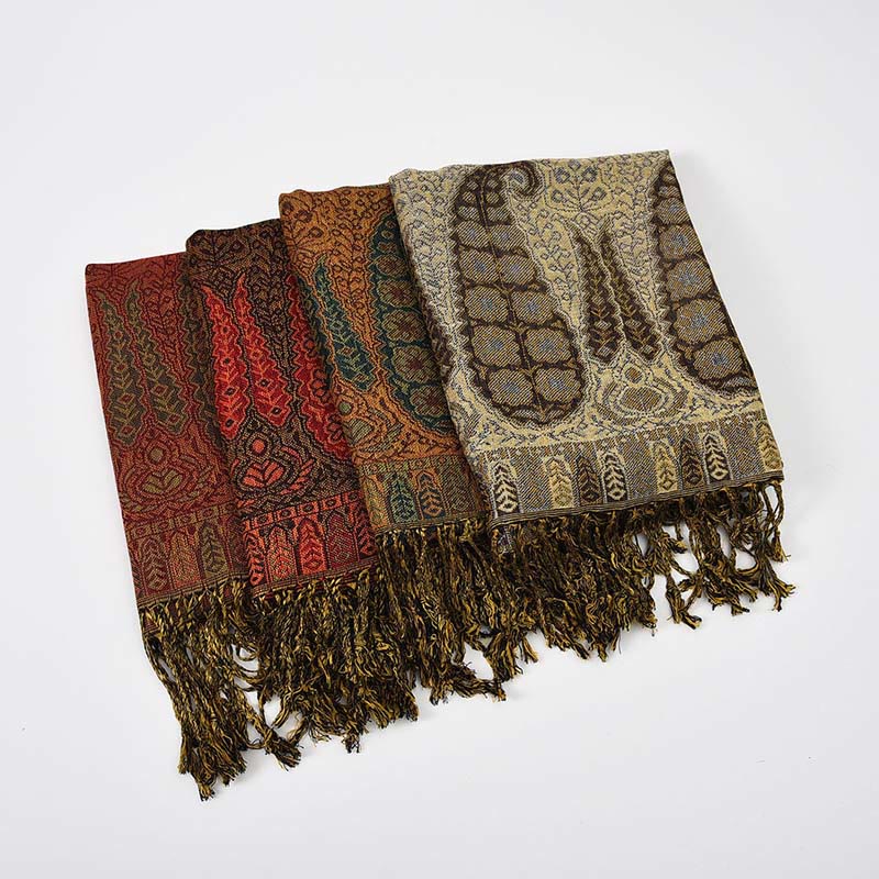 Nimara Ritual Jacquard Color Contrast Patchwork Paisley Pattern Tassel Cozy Scarf Shawl
