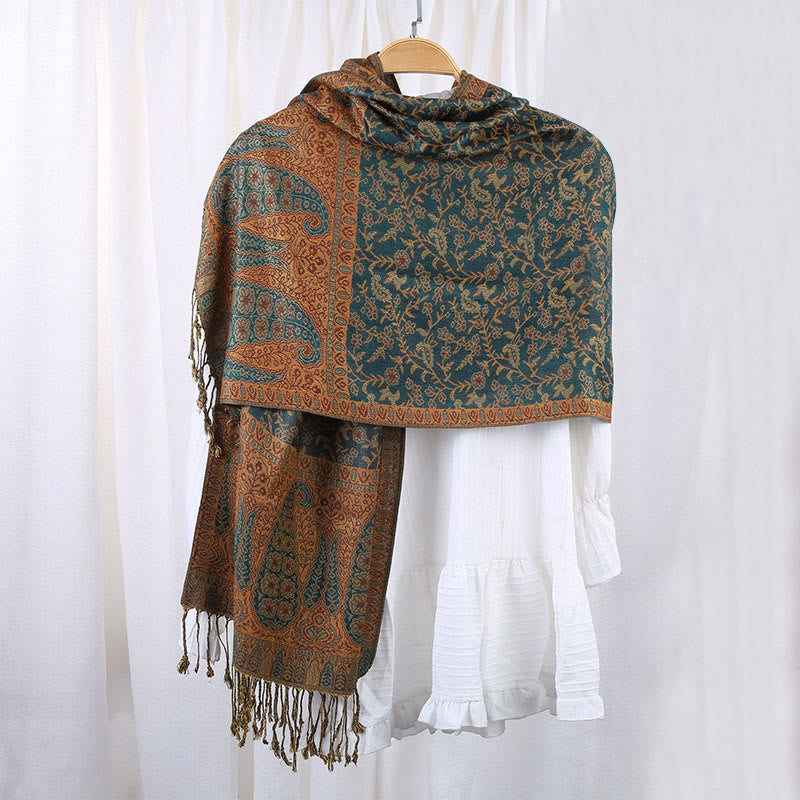 Nimara Ritual Jacquard Color Contrast Patchwork Paisley Pattern Tassel Cozy Scarf Shawl