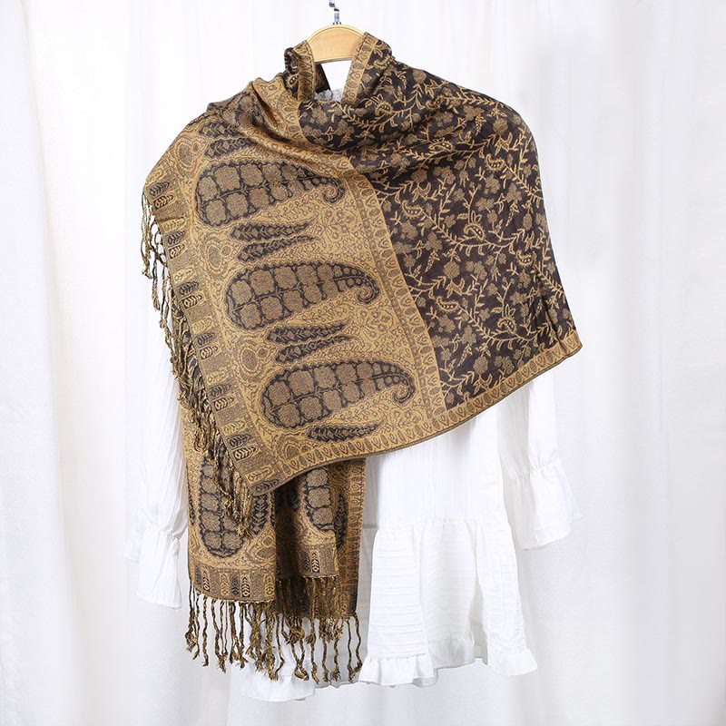 Nimara Ritual Jacquard Color Contrast Patchwork Paisley Pattern Tassel Cozy Scarf Shawl
