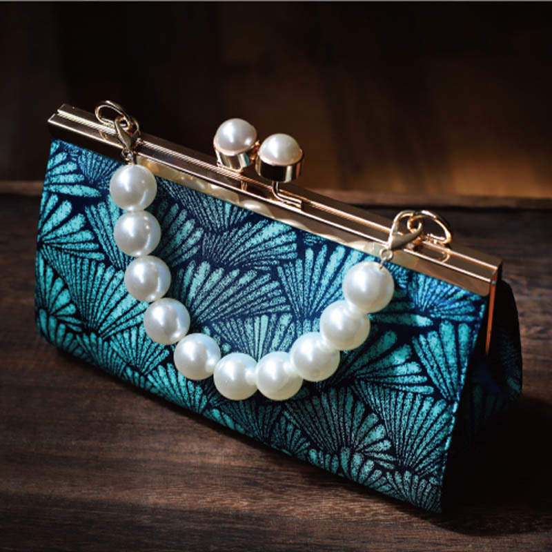 Nimara Ritual Vintage Peacock Blue Leaf Pattern Pearl Metal Handbag