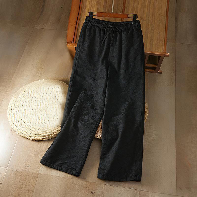 Nimara Ritual Winter Thermal Jacquard Floral Pattern Women's Wide Leg Cotton Pants With Pockets