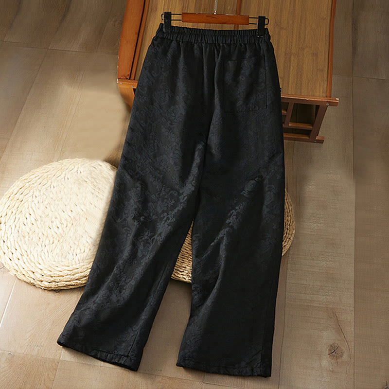 Nimara Ritual Winter Thermal Jacquard Floral Pattern Women's Wide Leg Cotton Pants With Pockets